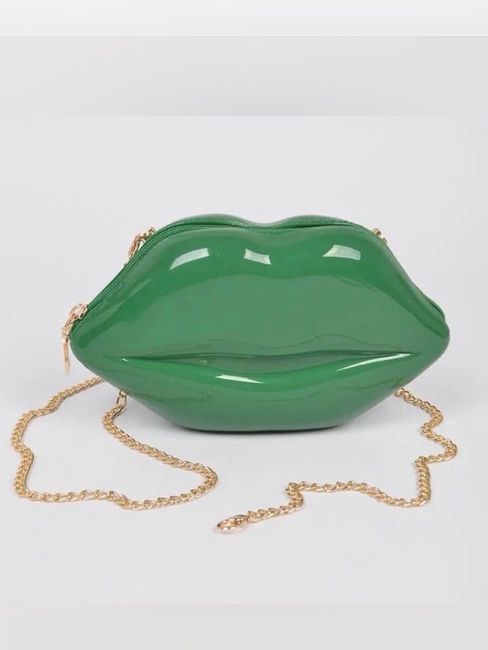 Glossy Green Lip-Shaped Crossbody Bag with Gold Tone Chain